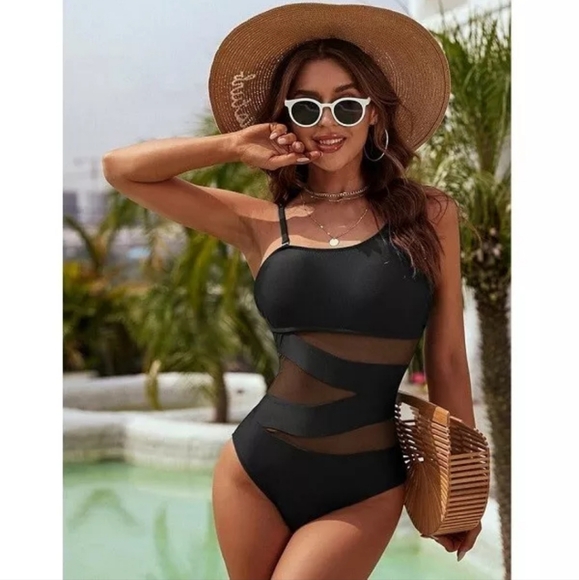 Other - Black Mesh Cutout One-Piece Swimsuit - Women